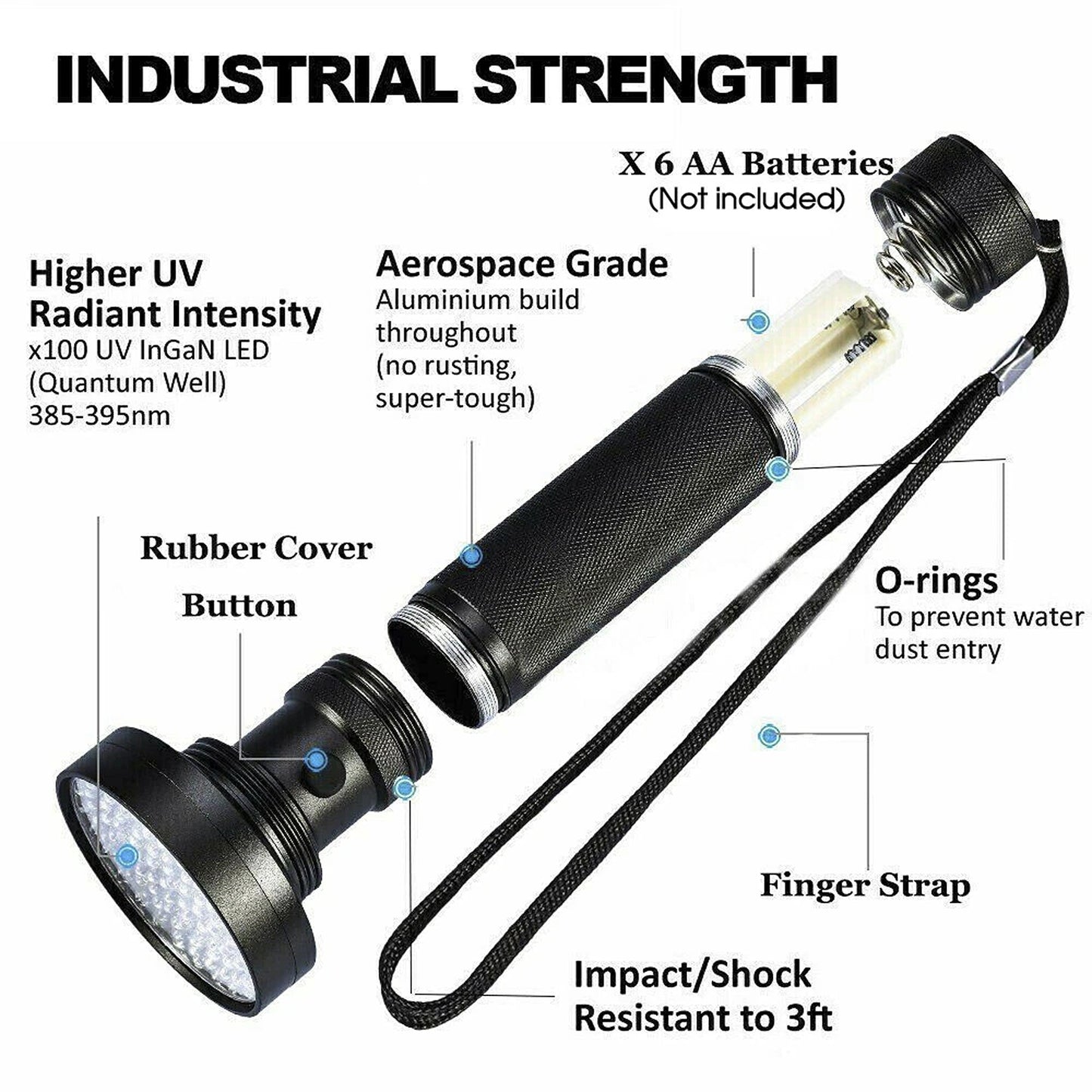 Aluminum UV Flashlight with 100 LED Blacklight