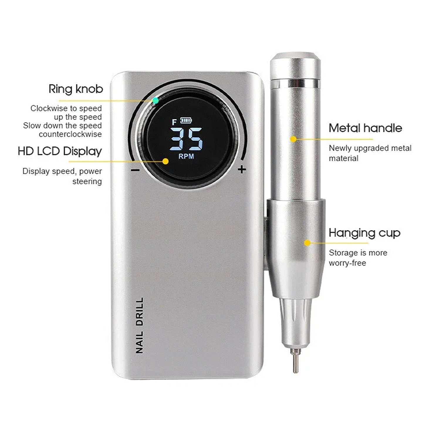 Silver Portable Nail Drill Machine for Manicure and Pedicure 35000RPM
