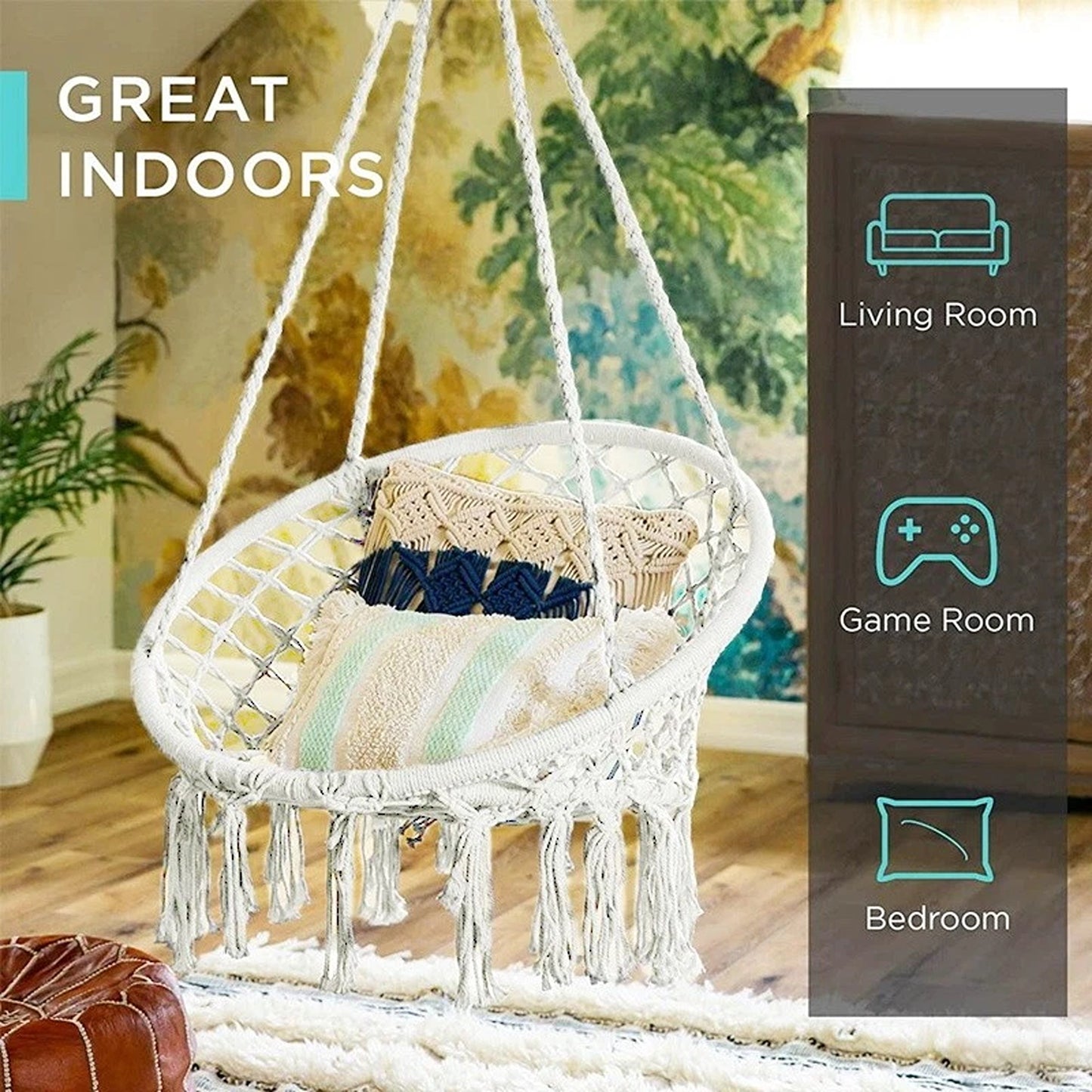 Beige Hammock Swing Chair Cotton Macrame Hanging Rope Seat
