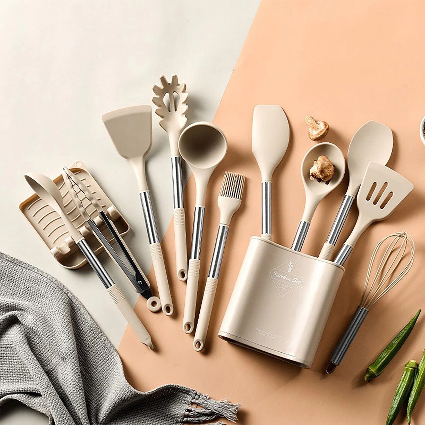 13 Piece Kitchen Utensil Set Silicone Tools with Stainless Steel Handles - Khaki