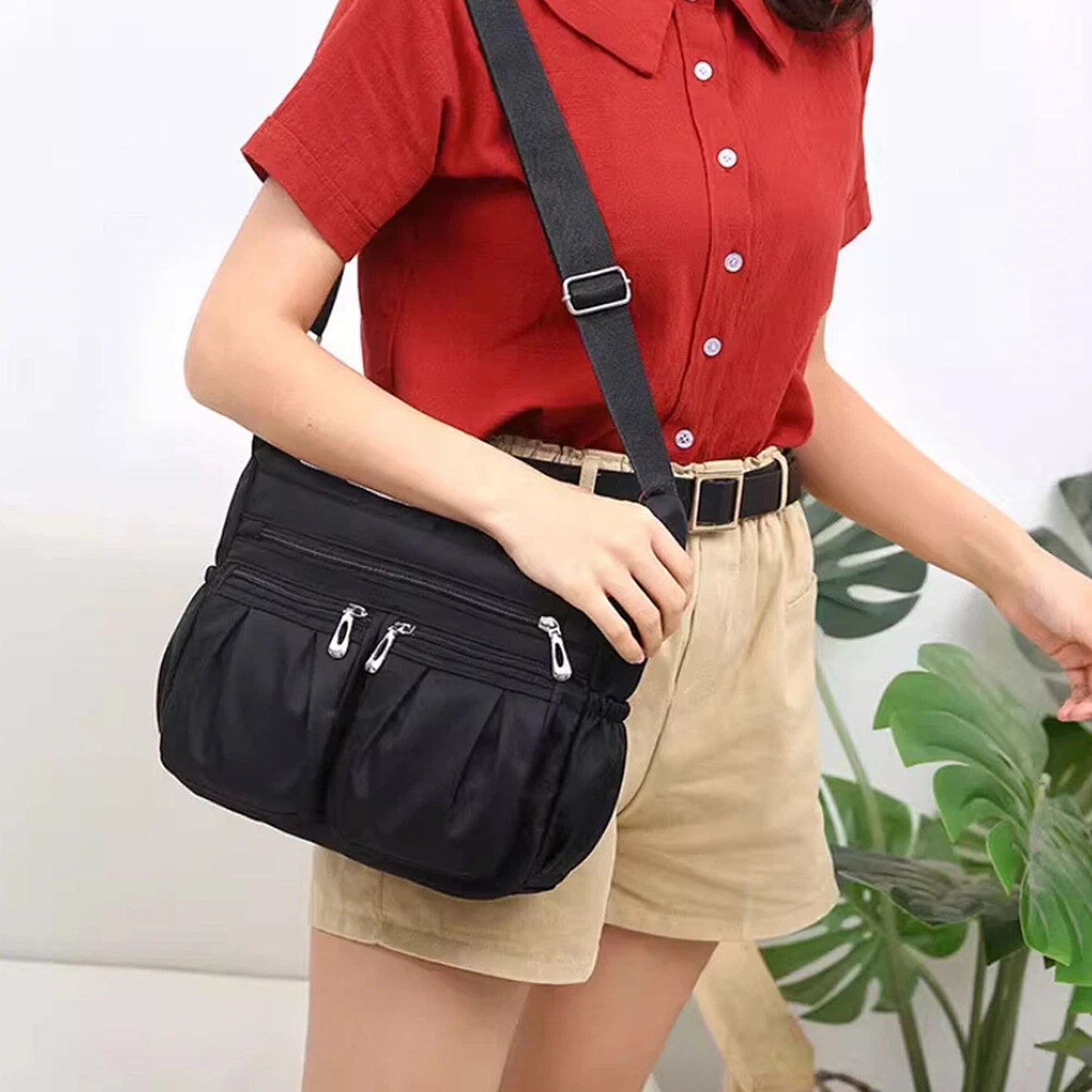 Black Womens Multi Pocket Crossbody Bag Casual Travel Shoulder Handbag