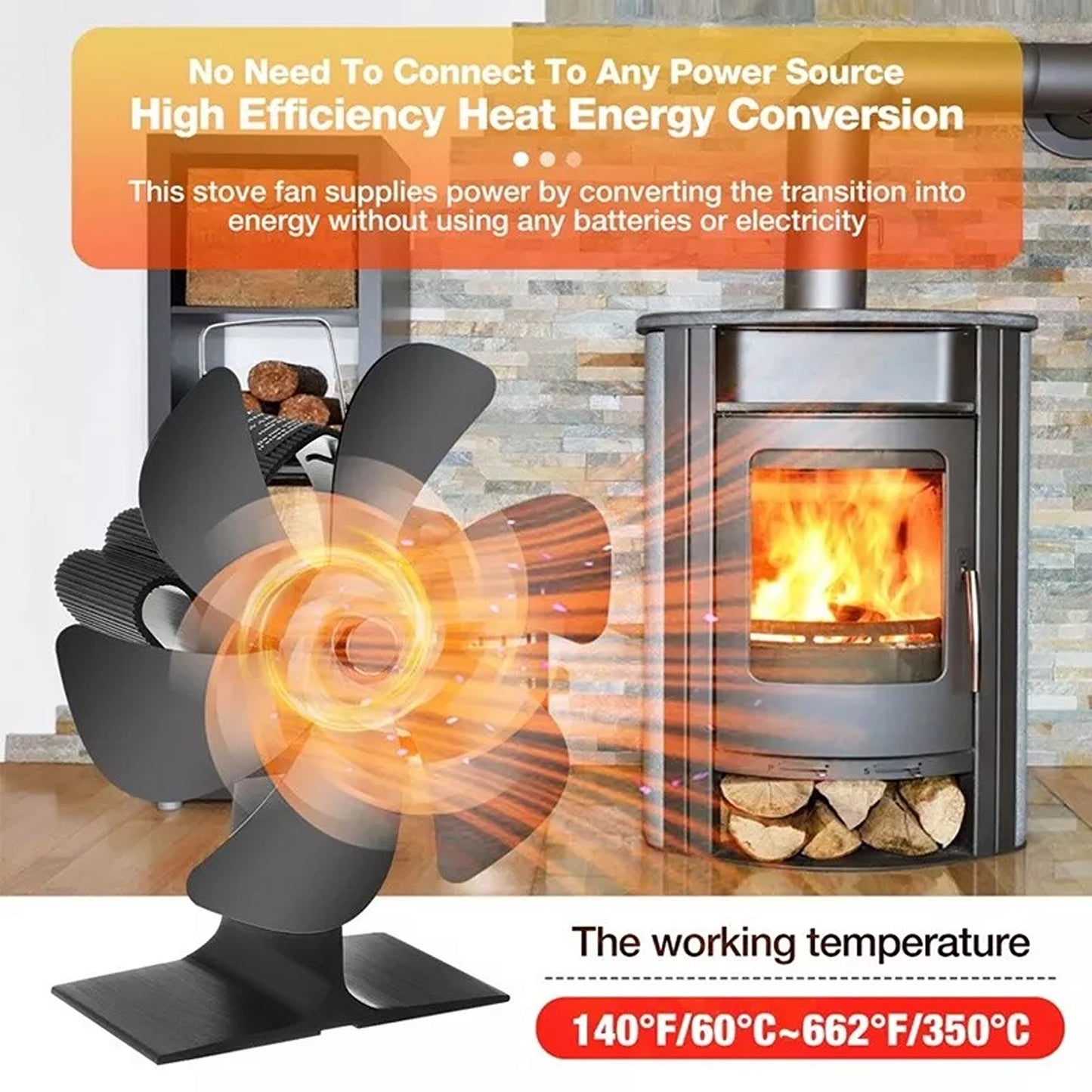 6 Blade Heat Powered Stove Fan for Wood Burner and Log Fire