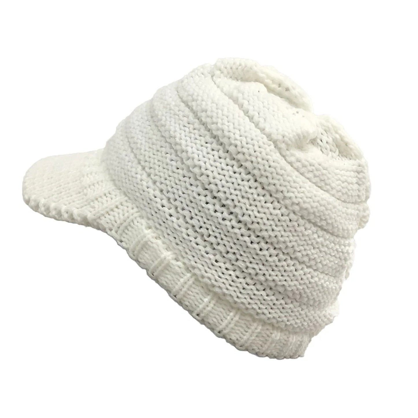 White Womens Thick Knitted Beanie Hat with Visor for Winter