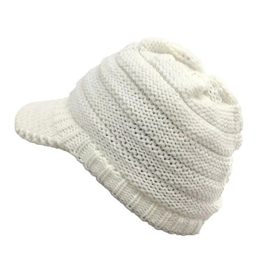 White Womens Thick Knitted Beanie Hat with Visor for Winter