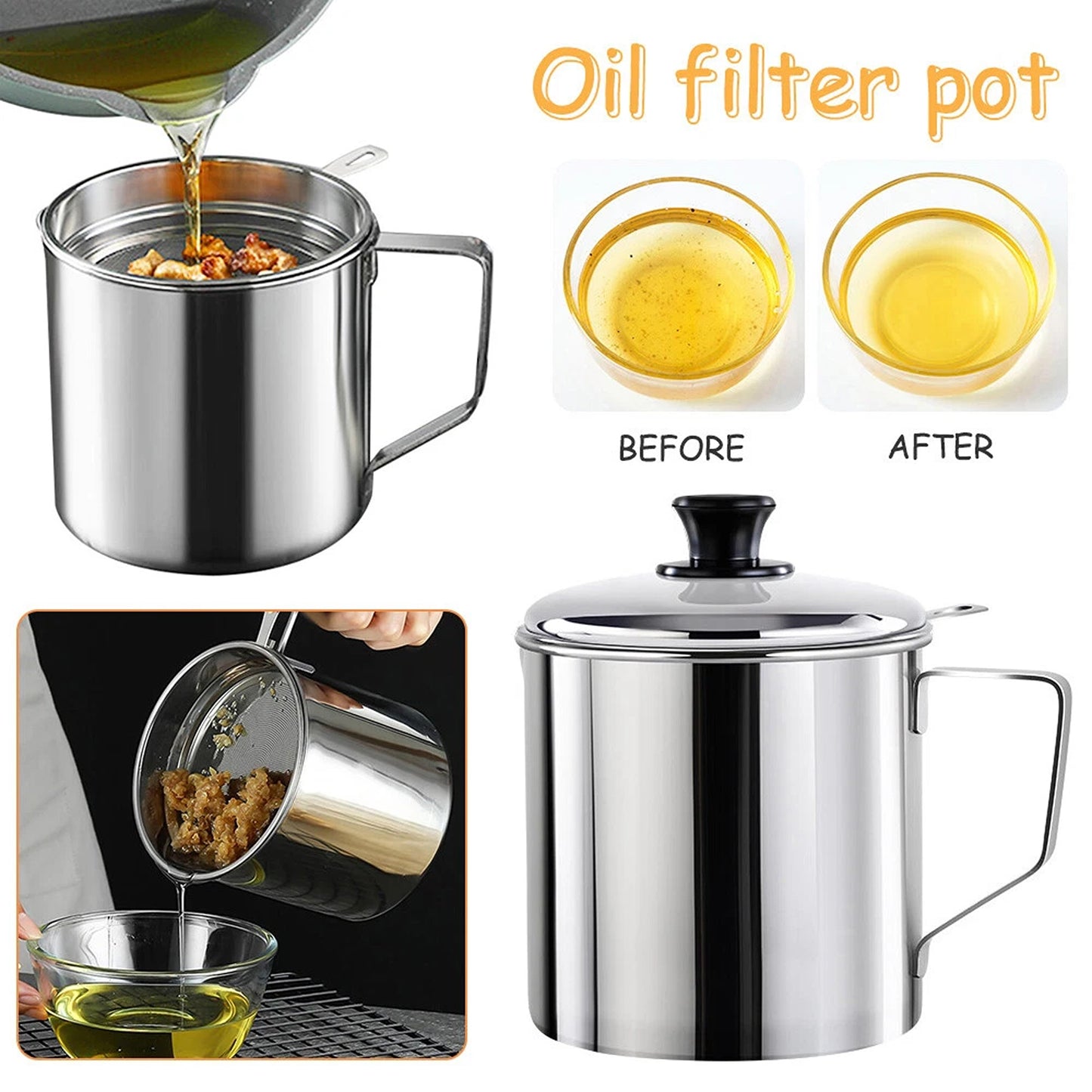 Cooking Oil Filter Container with Lid and Strainer