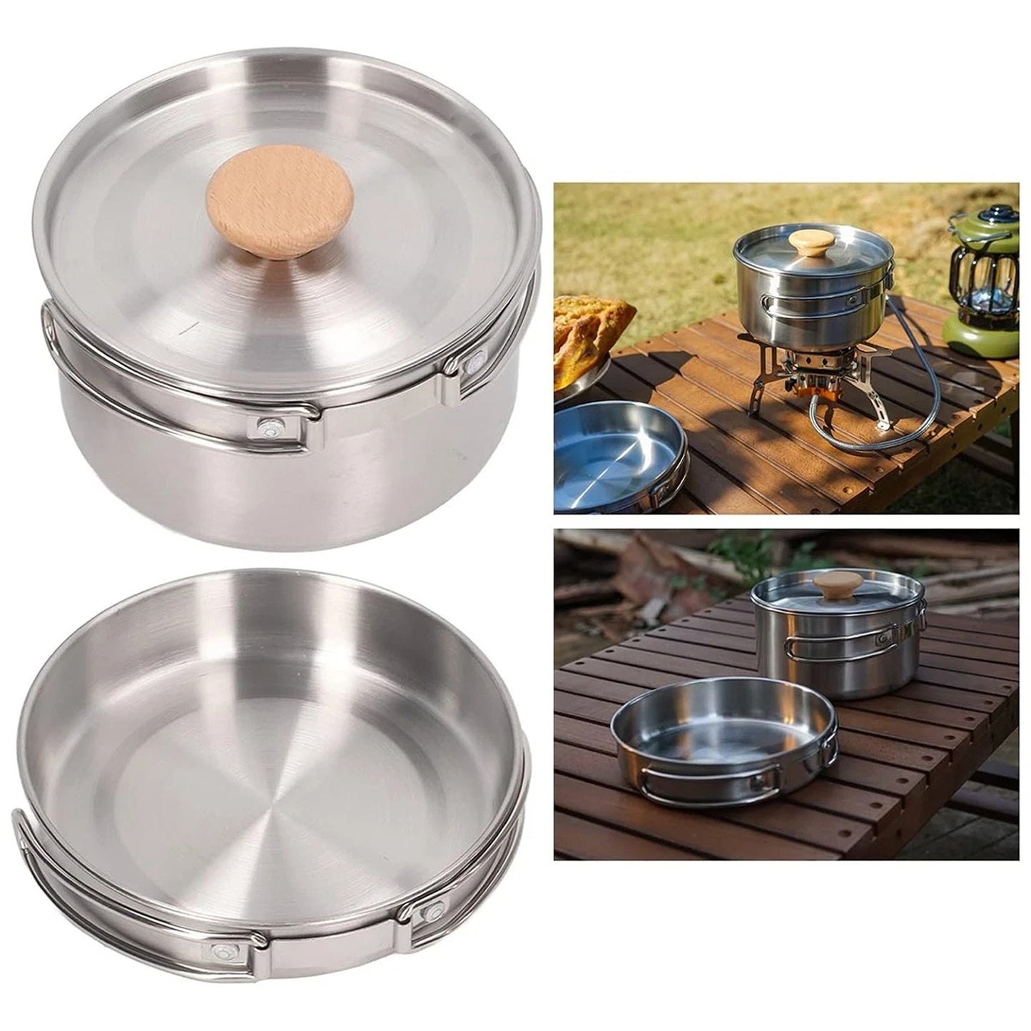 2pcs Stainless Steel Camping Pot and Pan Set with Folding Handles