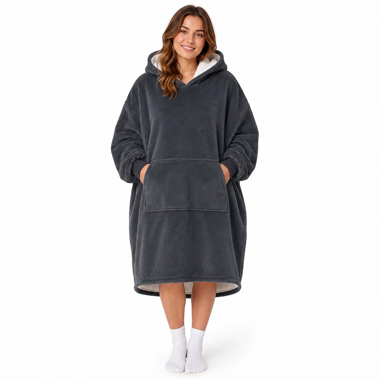 Plain Grey Hooded Blanket Oversized Soft Fleece Wearable Hoodie One Size
