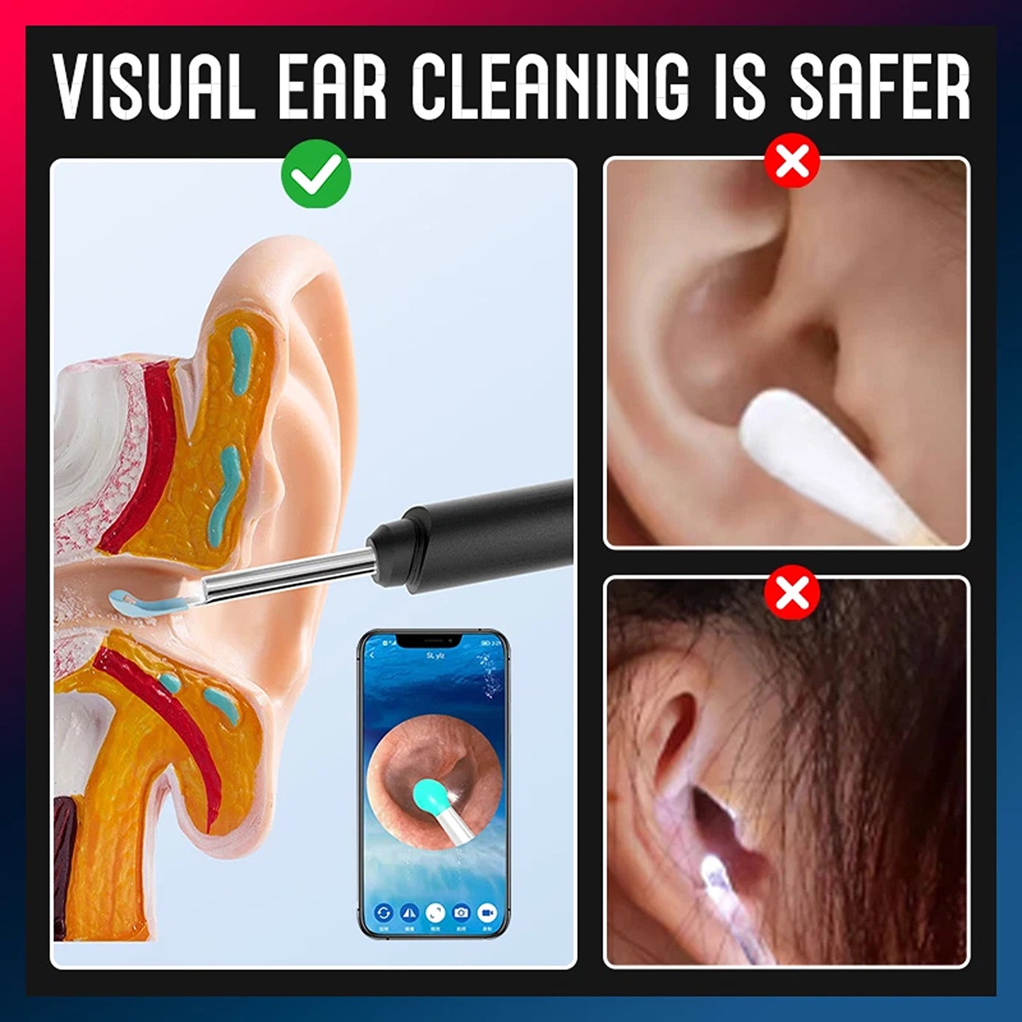 Black HD Wireless Ear Cleaning Camera with Otoscope
