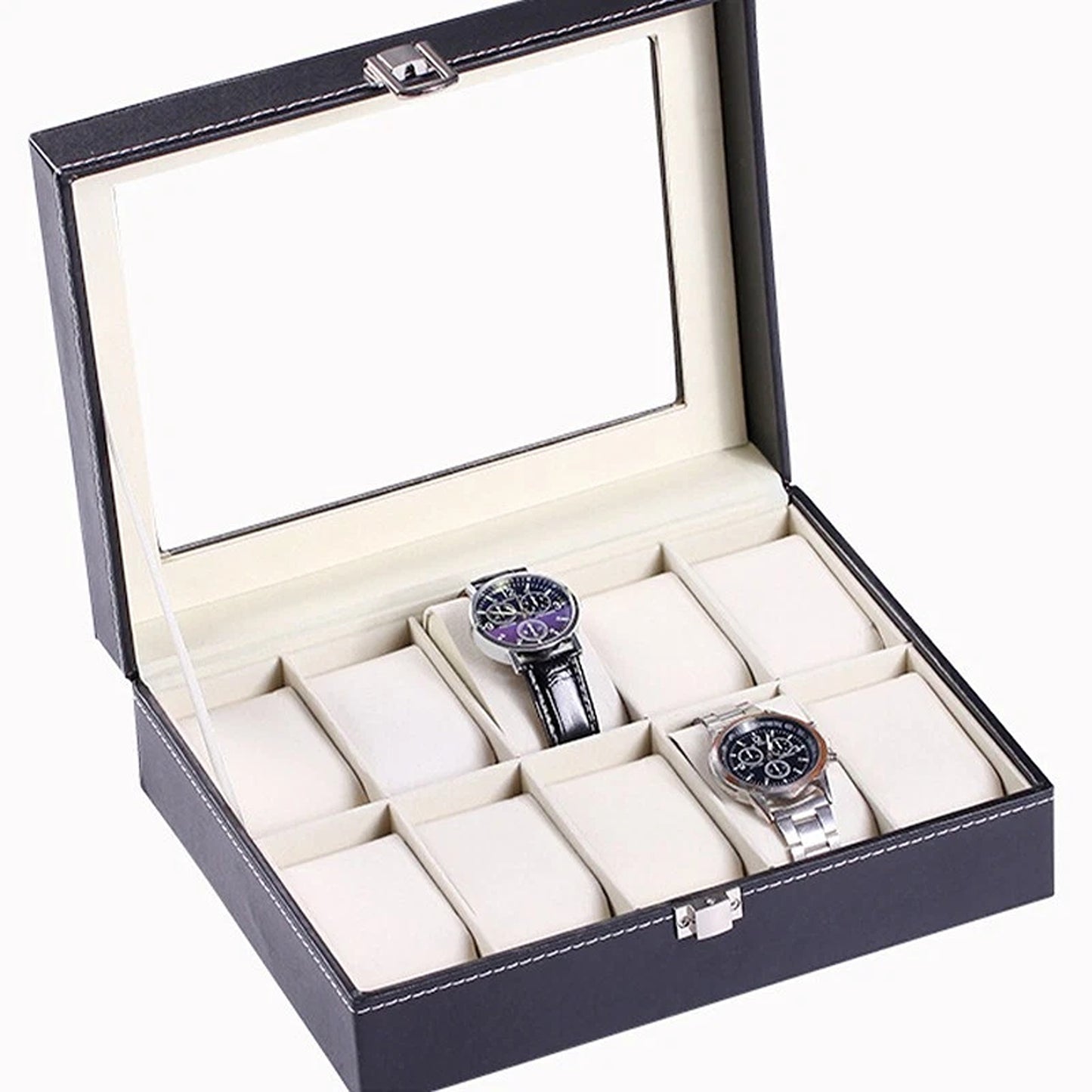 Leather Watch and Jewelry Storage Box with 10 Grids