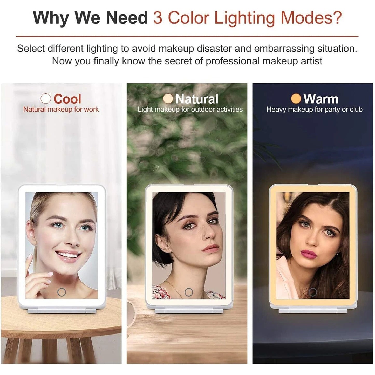 Rechargeable LED Folding Makeup Mirror with USB and Touch Screen