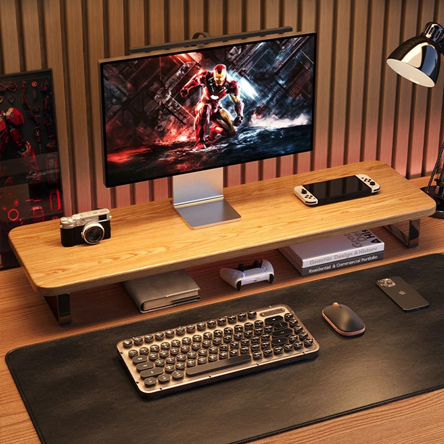 Wood Monitor Riser Shelf for Improved Desk Organization