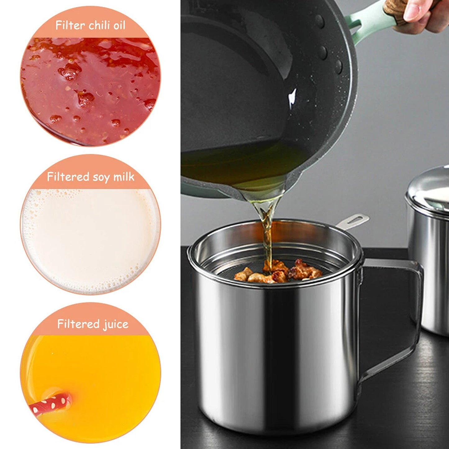 Cooking Oil Filter Container with Lid and Strainer