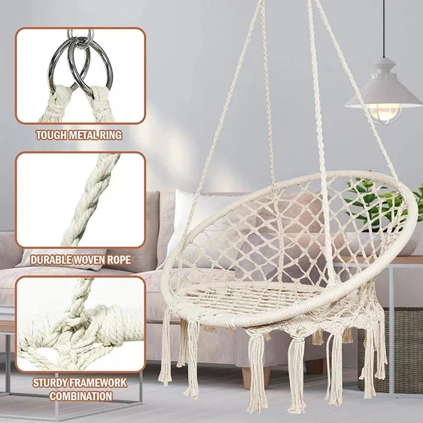 Beige Hammock Swing Chair Cotton Macrame Hanging Rope Seat