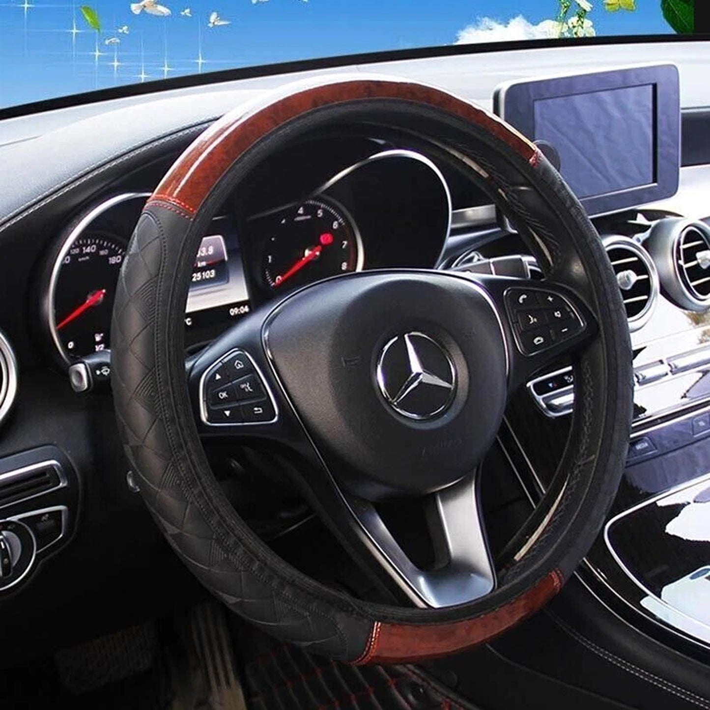 Car Steering Wheel Cover in Mahogany Wood Style PU Leather