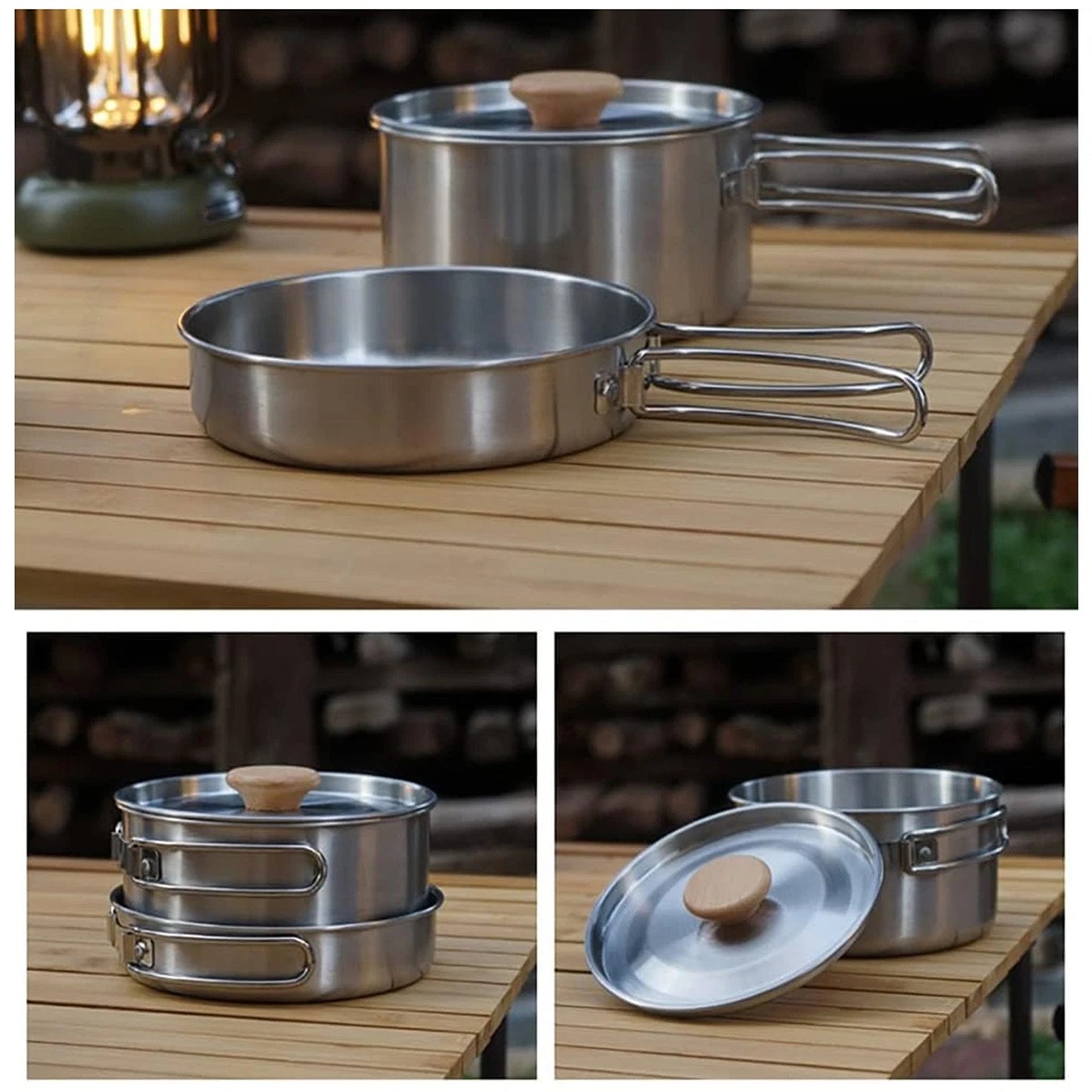 2pcs Stainless Steel Camping Pot and Pan Set with Folding Handles