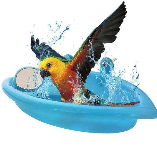 Bird Bathtub Shower Box with Mirror Cage Accessory for Parrots Blue