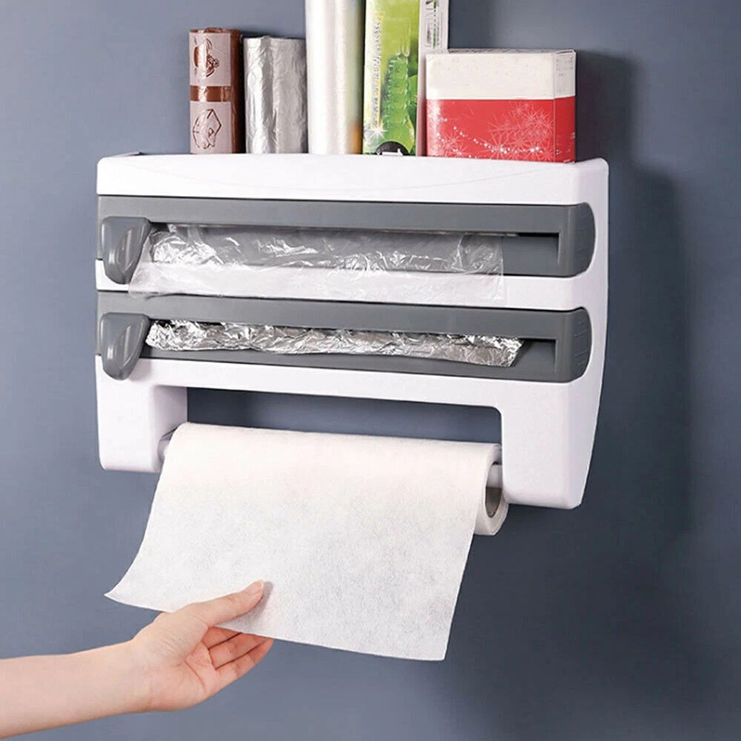 4 in 1 Kitchen Wrap Organizer with Foil Cling Film and Towel Holder Wall Mount Cutter