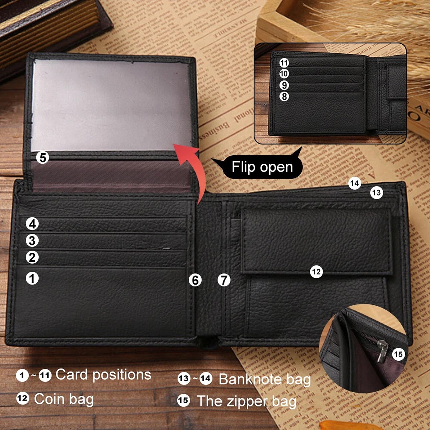 Mens Genuine Leather Wallet with Coin Pocket and Multiple Card Slots