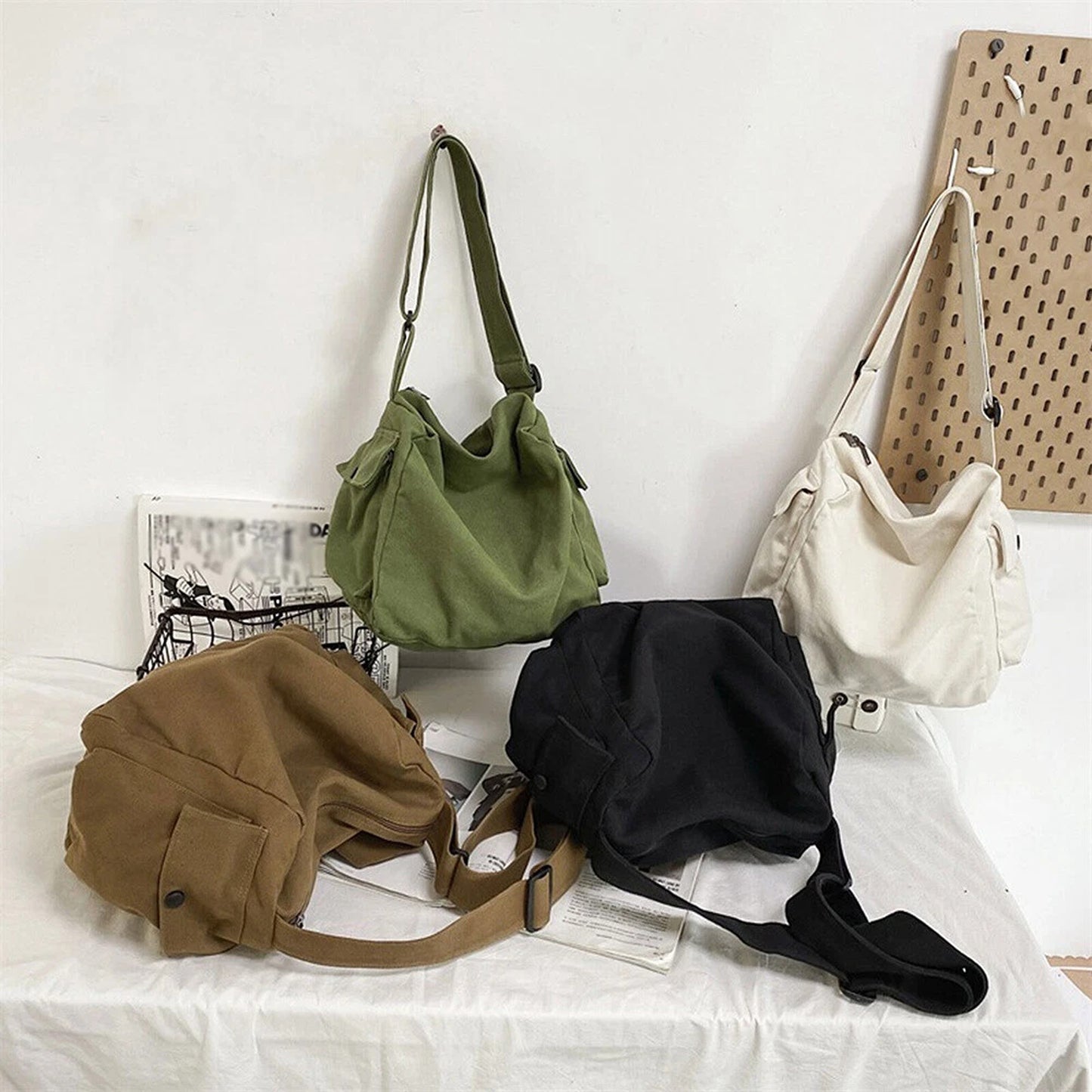 White Men Women Canvas Shoulder Crossbody Bag Large Capacity Messenger Bag
