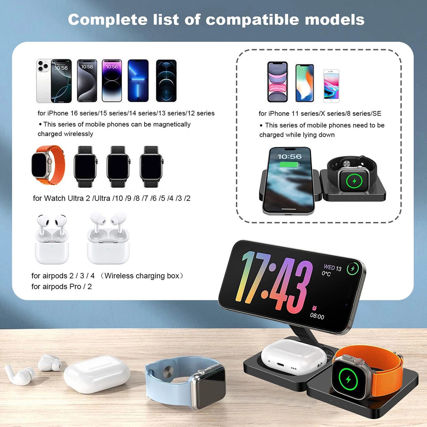 3 in 1 Wireless Charger Fast Charging Station for Apple Watch and iPhone 16 15 14 13 12