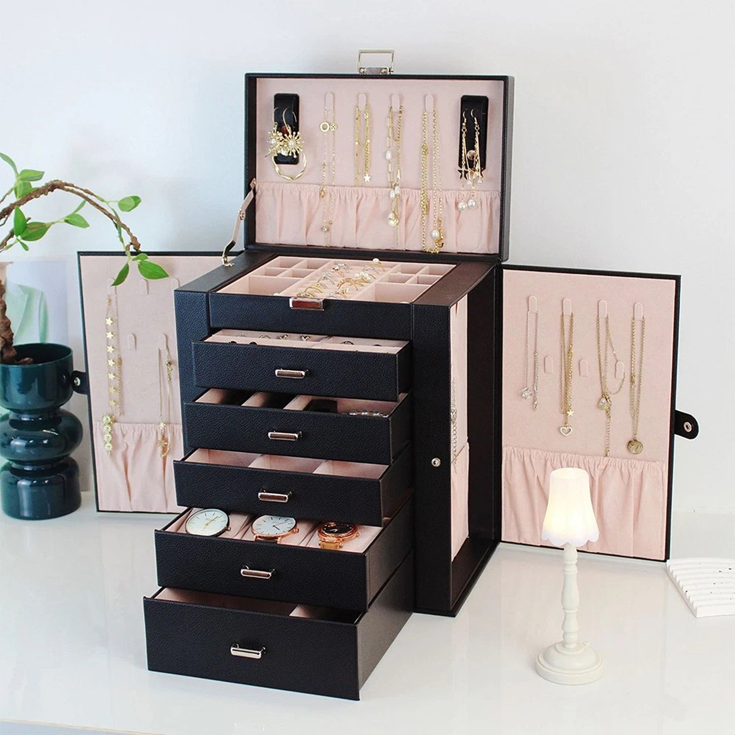 Large Leather Jewellery Organizer Case for Travel and Storage