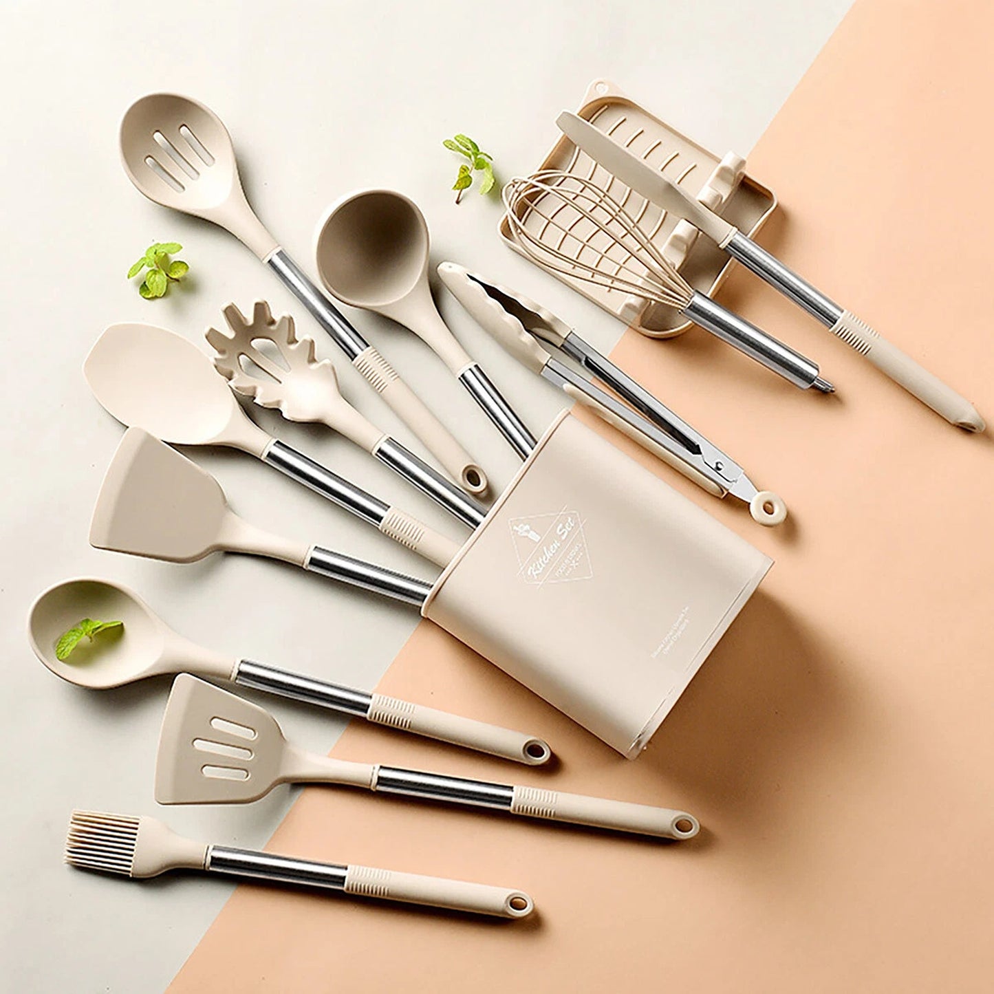 13 Piece Kitchen Utensil Set Silicone Tools with Stainless Steel Handles - Khaki