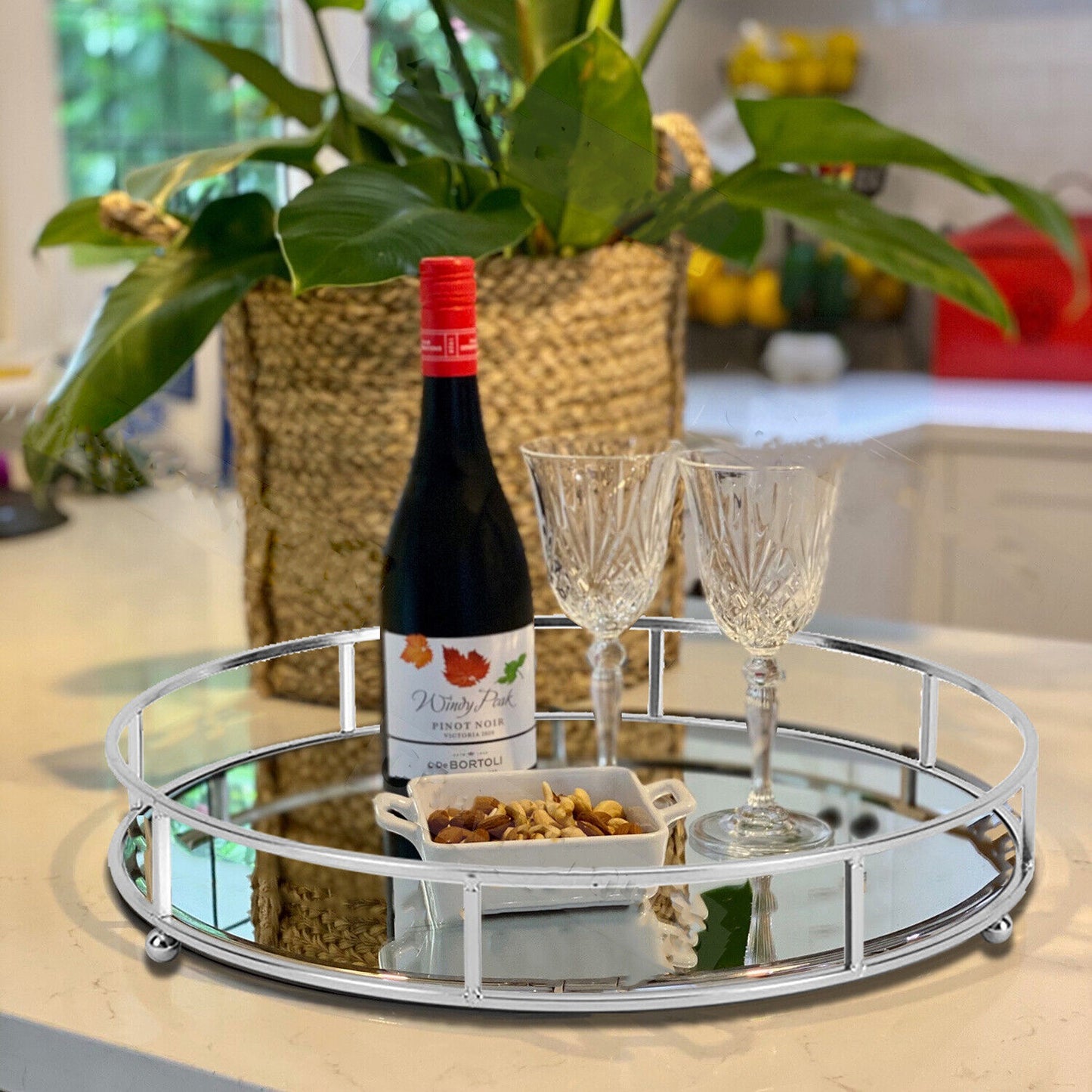 Round Mirror Serving Tray Table Home Chrome
