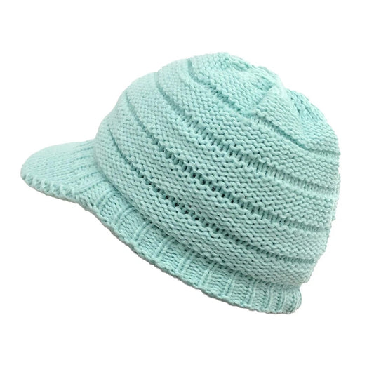 Light Blue Womens Thick Knitted Beanie Hat with Visor for Winter