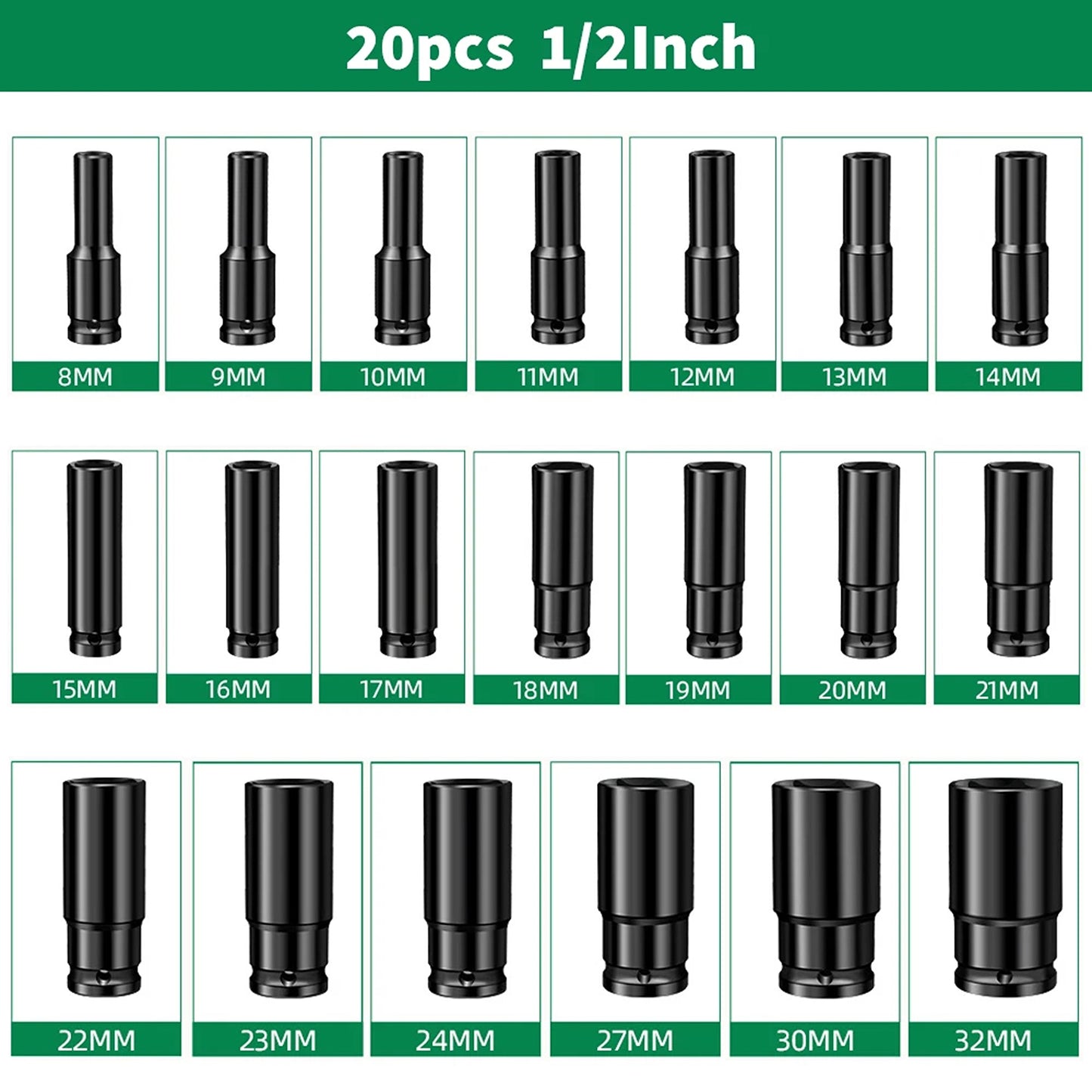 Half Inch Drive Deep Impact Socket Set CRV Steel Metric 20 Piece 8 to 32 mm