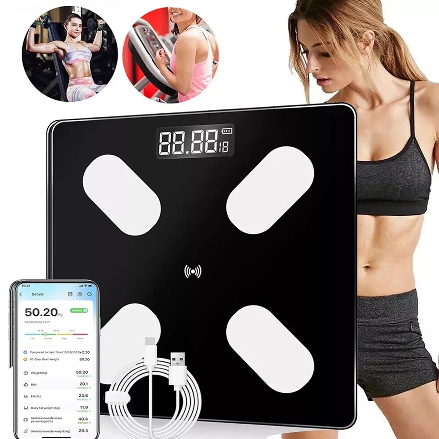 Bluetooth Smart Body Fat Scale with USB Charging and 180kg Capacity