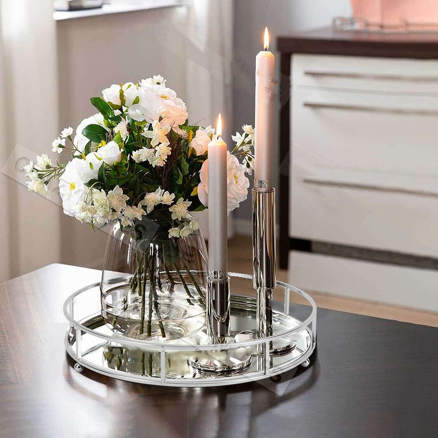 Round Mirror Serving Tray Table Home Chrome