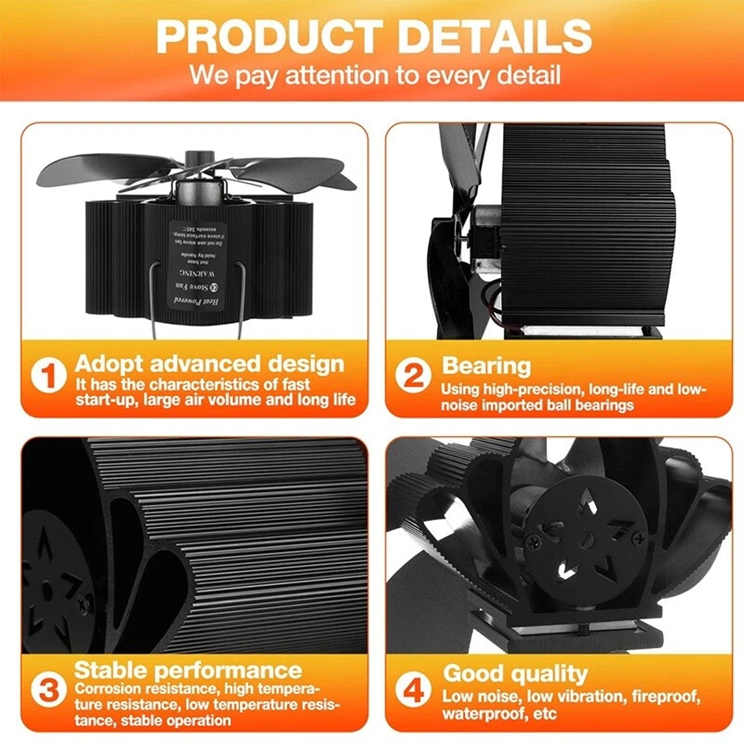 6 Blade Heat Powered Stove Fan for Wood Burner and Log Fire