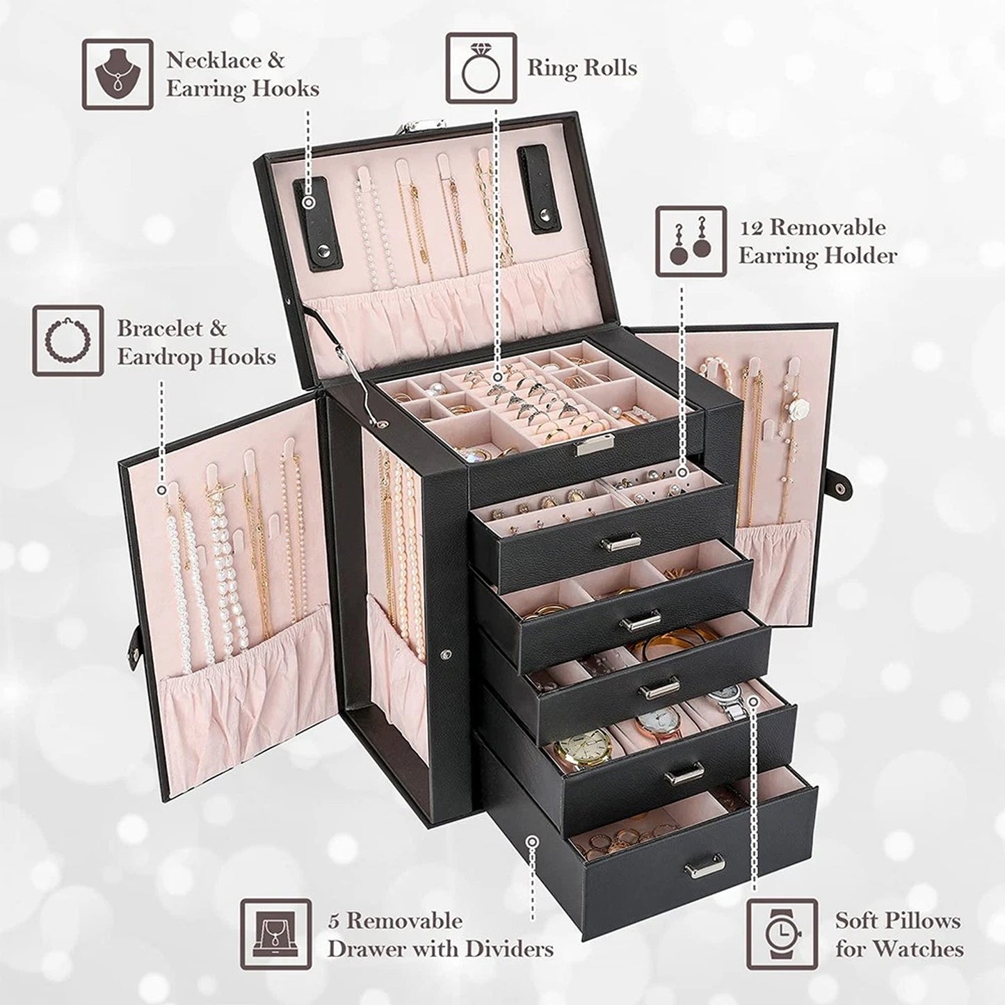 Large Leather Jewellery Organizer Case for Travel and Storage