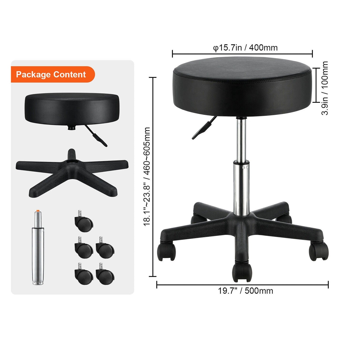 Height Adjustable Rolling Stool PU Leather Swivel Chair with Wheels
