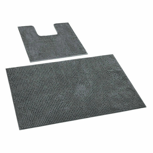 Charcoal 1200 GSM Chenille Bath Mat and Toilet Mat Set Non Slip