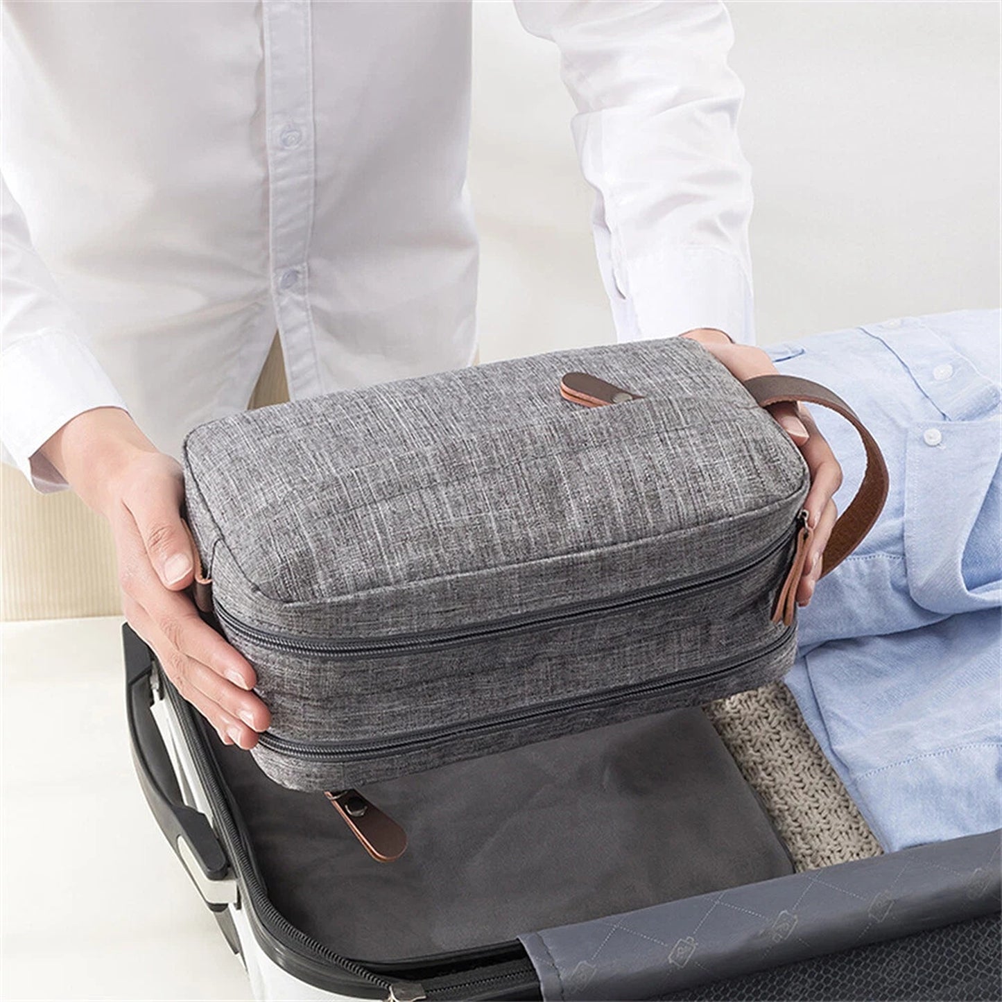 Grey Compact Toiletry Bag for Travel and Gym