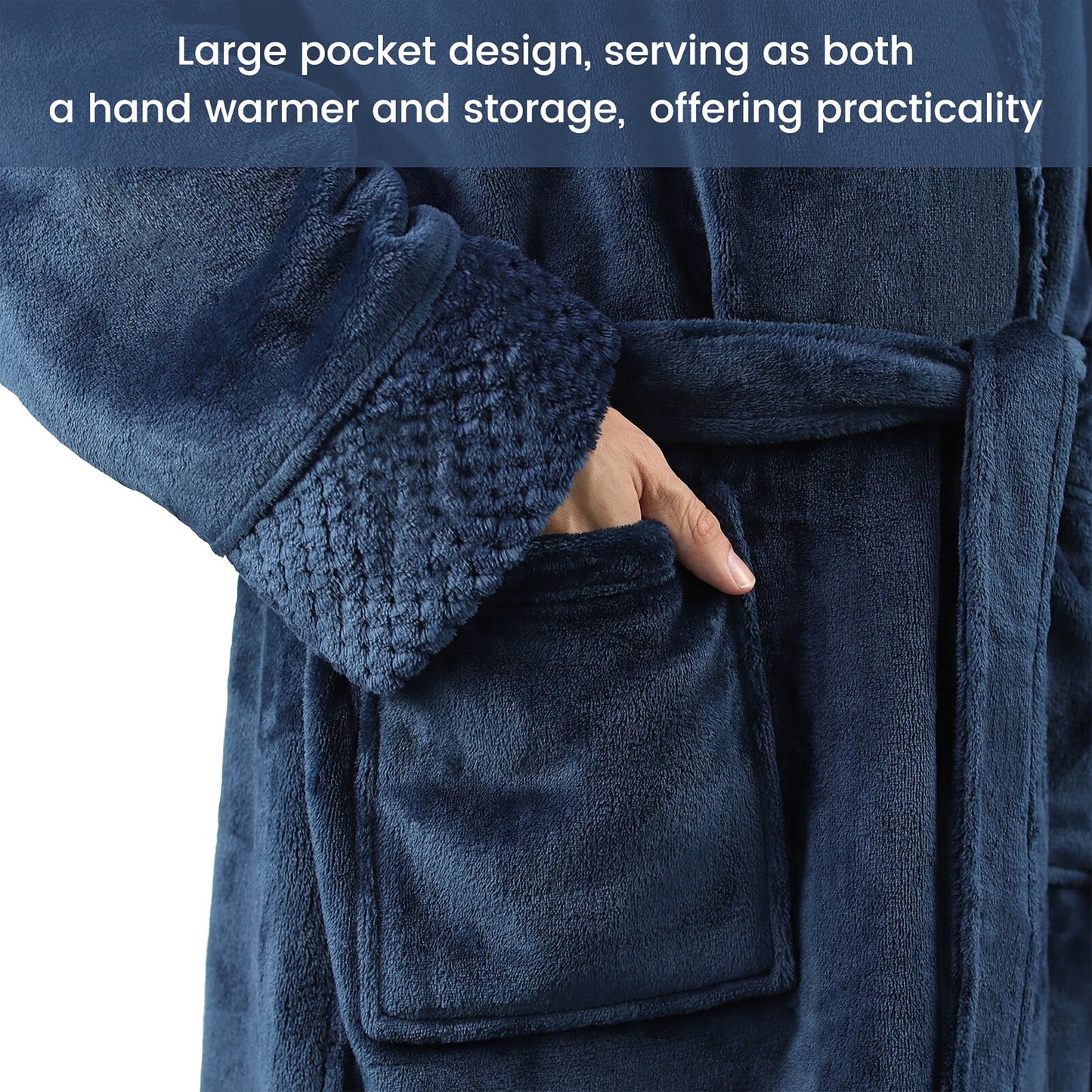 Flannel Fleece Bathrobe for Women and Men Lounge Dressing Gown - Navy