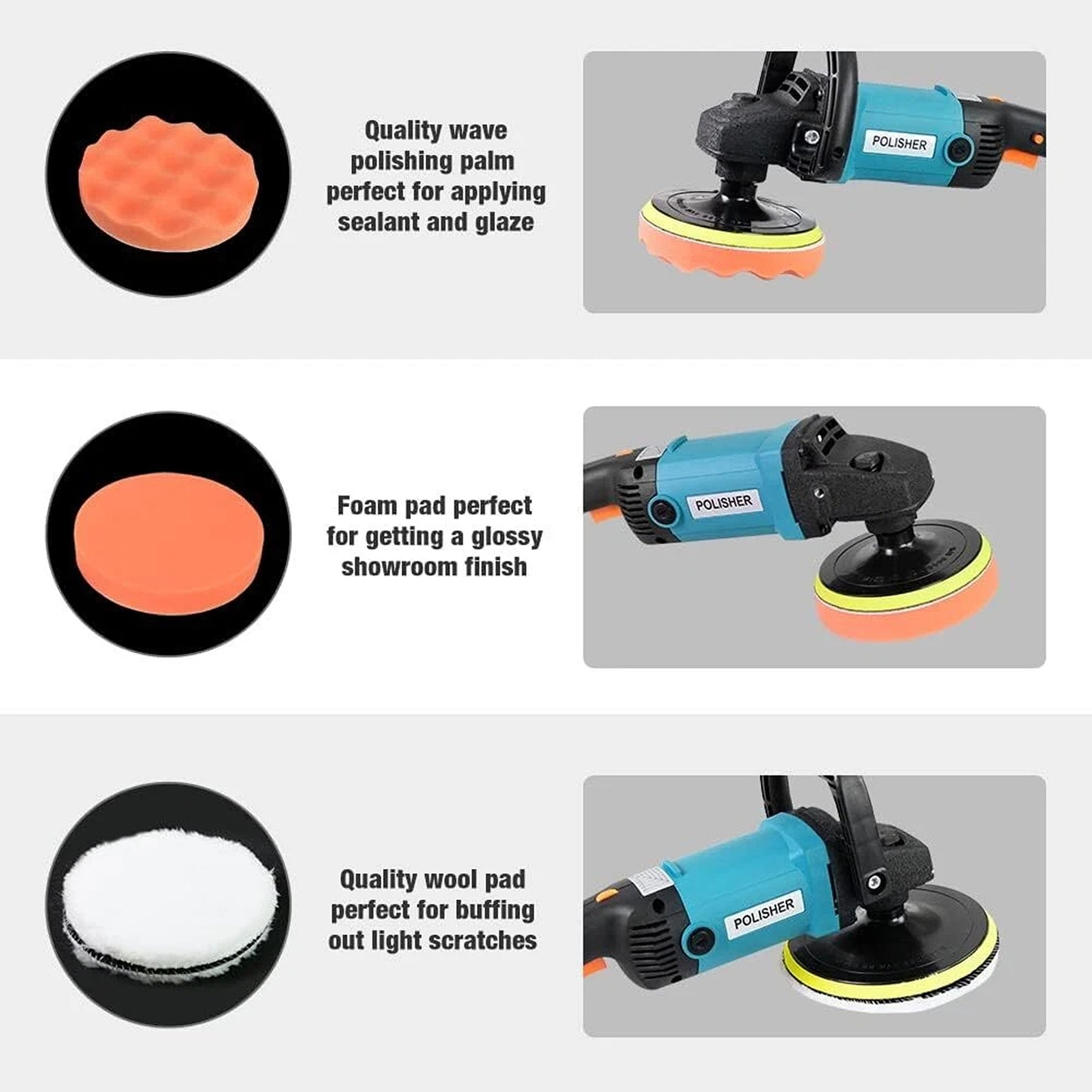 Electric Car Polisher Buffer Pad Tool Kit 6 Speed 1600W 240V 180mm 150mm