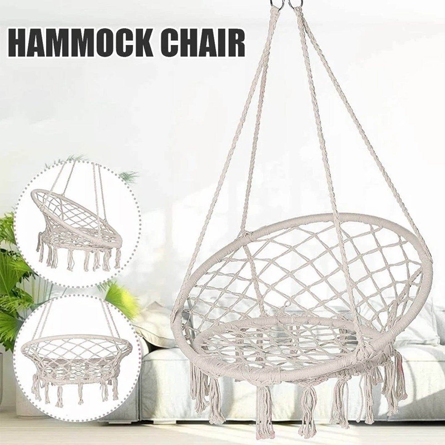 Beige Hammock Swing Chair Cotton Macrame Hanging Rope Seat