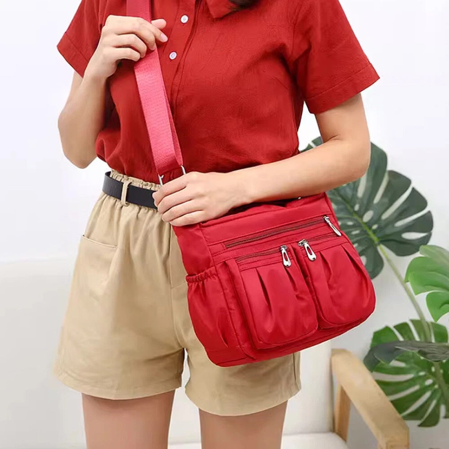 Red Womens Multi Pocket Crossbody Bag Casual Travel Shoulder Handbag