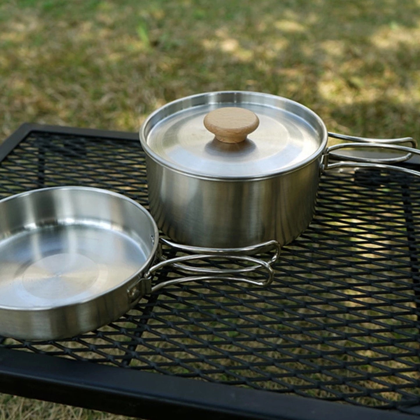 2pcs Stainless Steel Camping Pot and Pan Set with Folding Handles