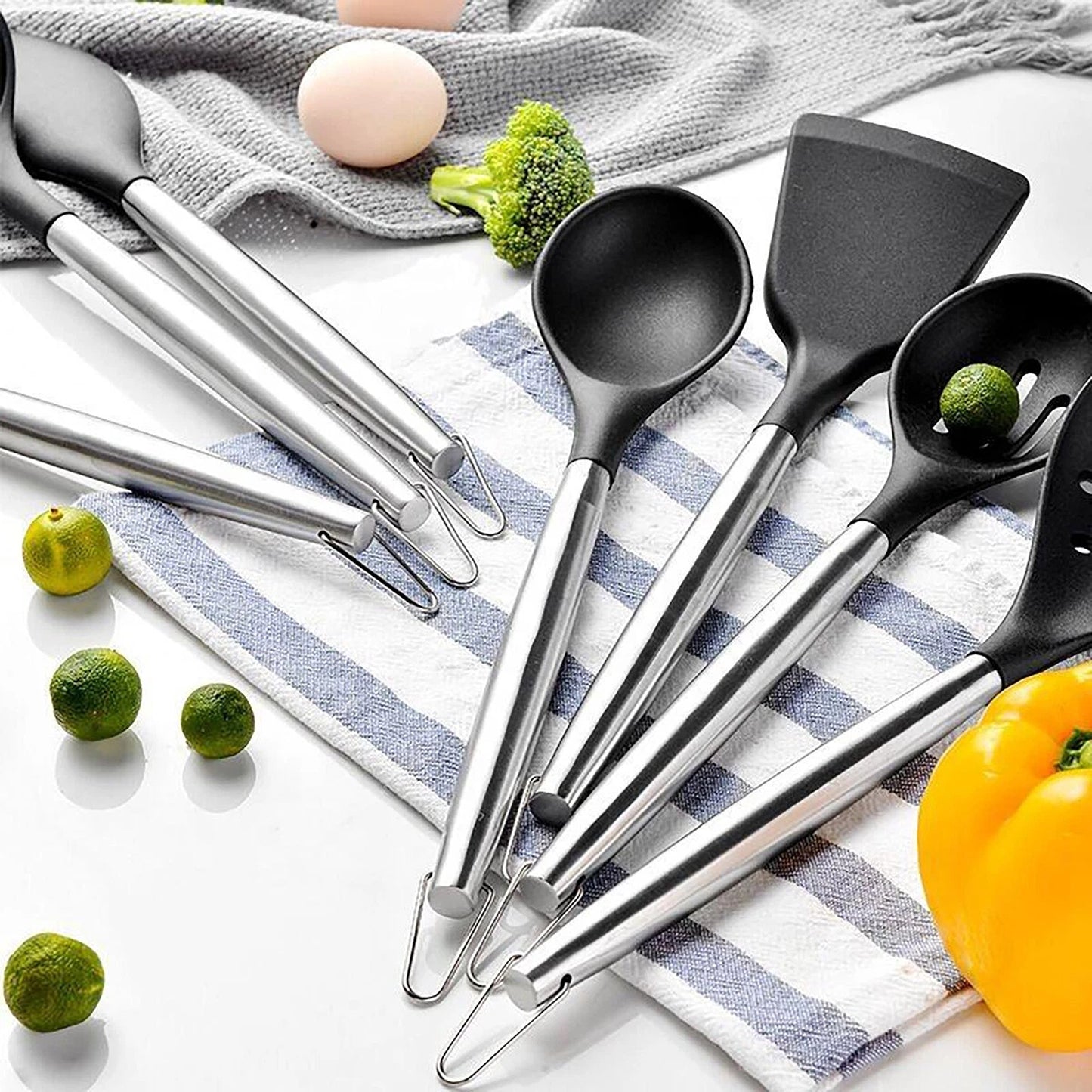 13 Piece Kitchen Utensil Set Silicone Tools with Stainless Steel Handles - Black