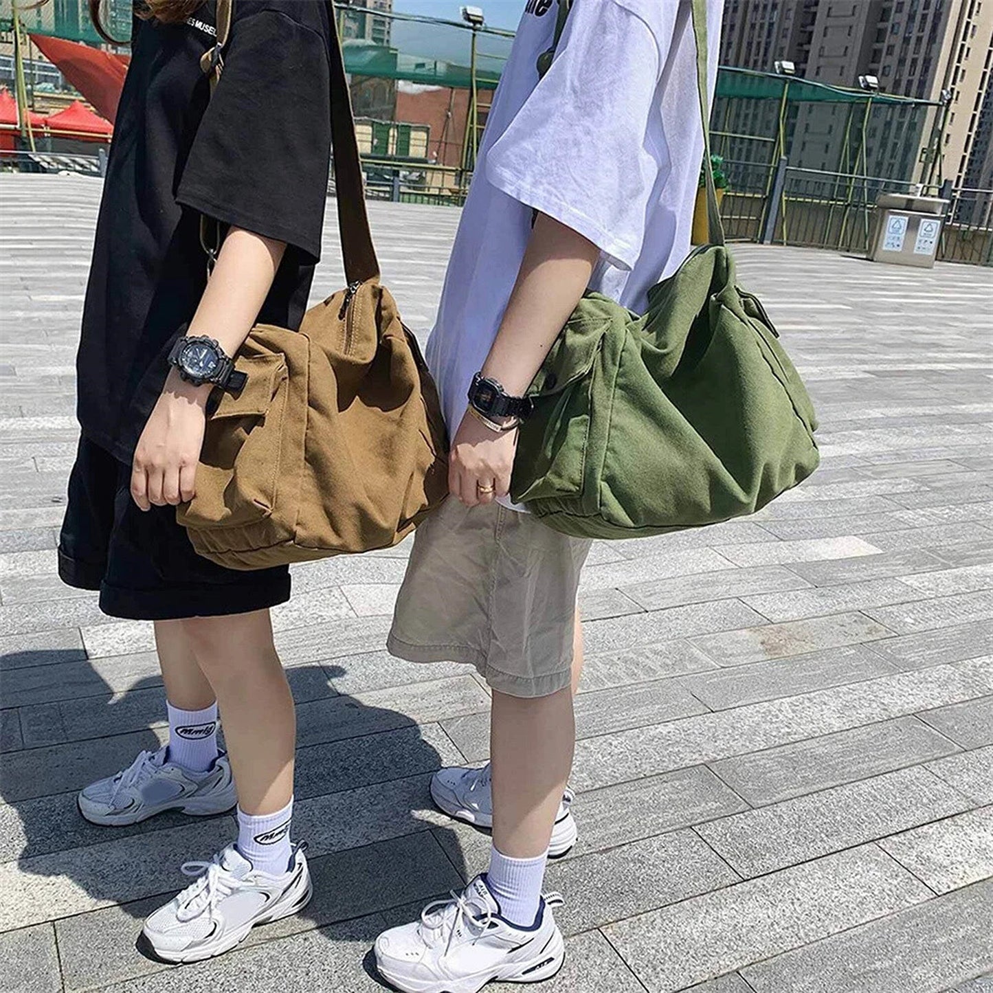 Black Men Women Canvas Shoulder Crossbody Bag Large Capacity Messenger Bag