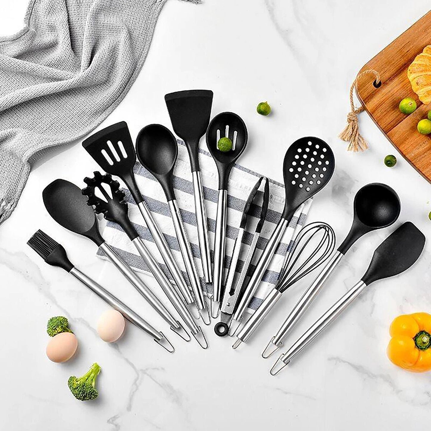 13 Piece Kitchen Utensil Set Silicone Tools with Stainless Steel Handles - Black