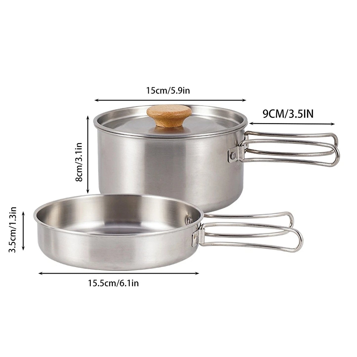 2pcs Stainless Steel Camping Pot and Pan Set with Folding Handles