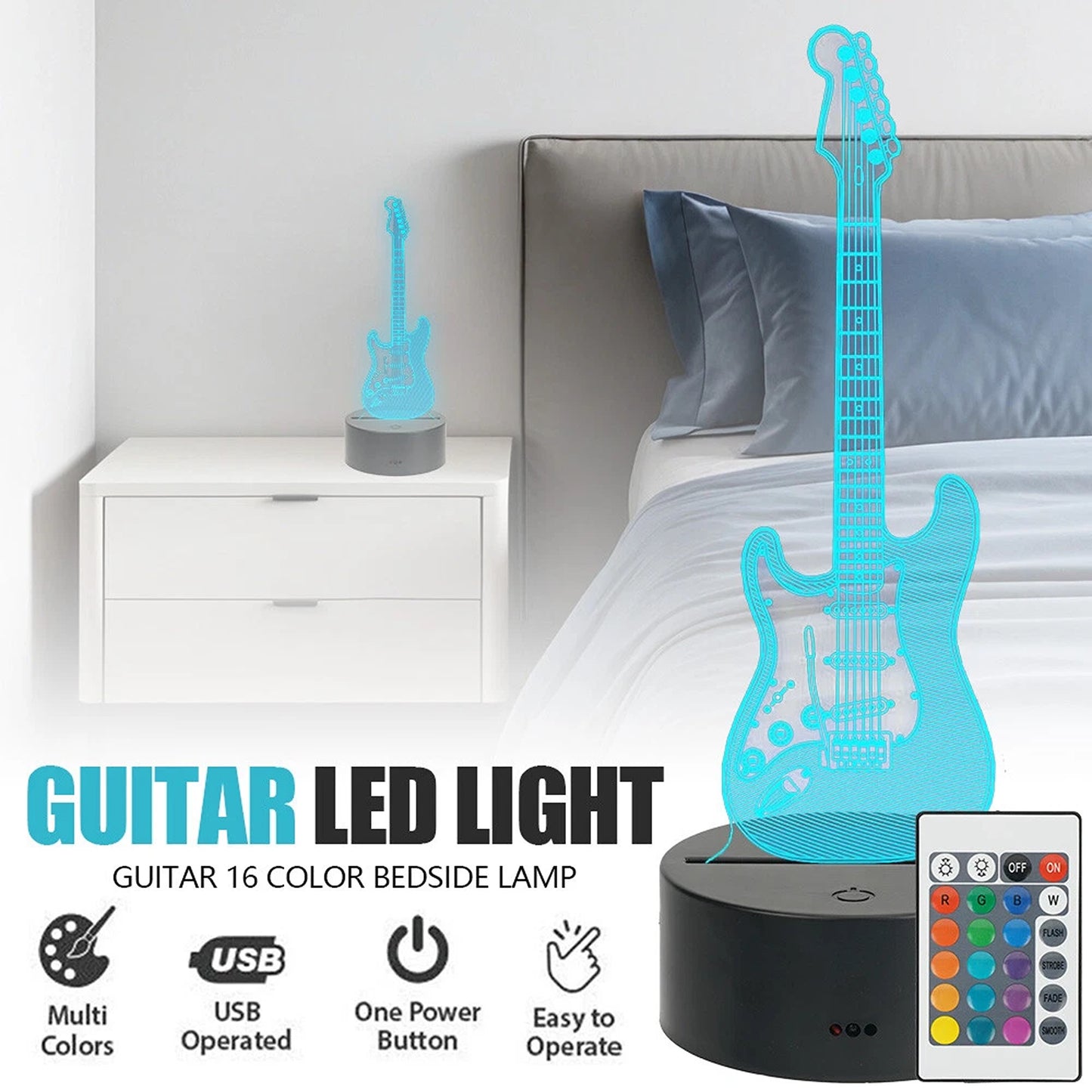 3D Guitar LED Night Light with 16 Colour Gradient and Remote Control
