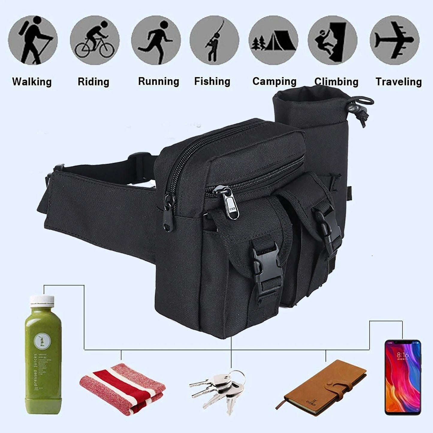 Black Tactical Waist Pack for Camping Hiking and Outdoor Activities
