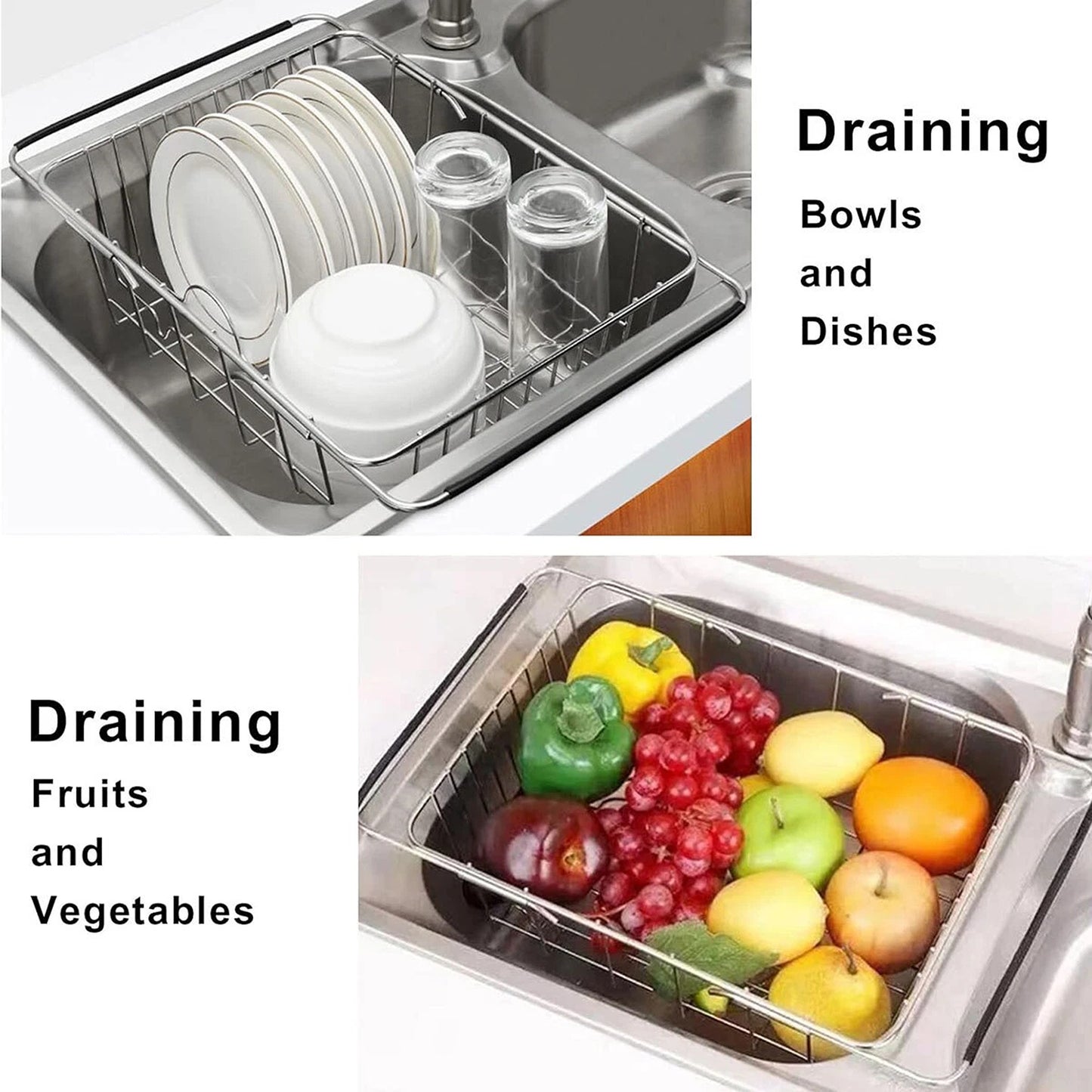 Telescopic Stainless Steel Sink Draining Basket Dish Rack
