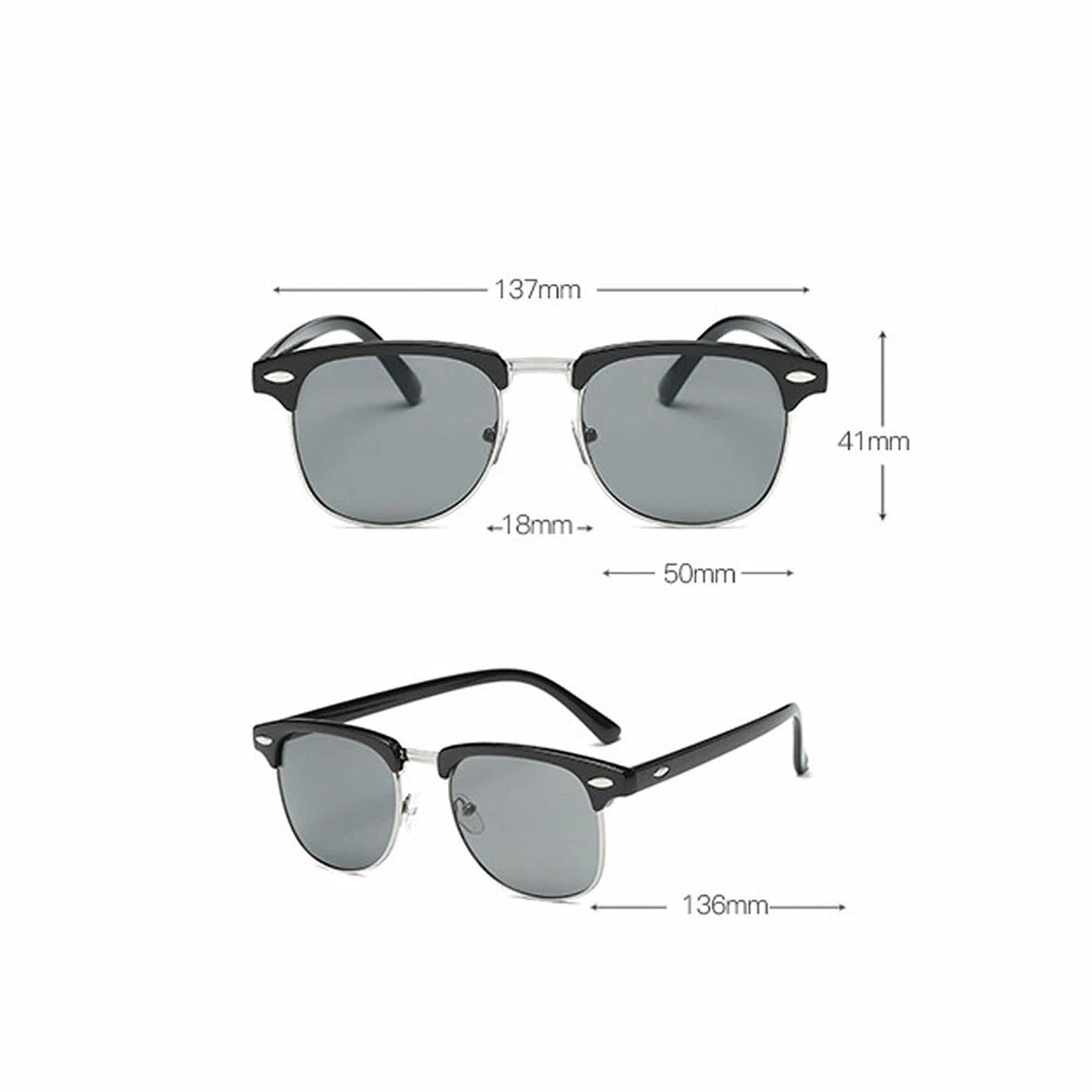 Grey Black Lens Vintage Half Rim Reflective Sunglasses for Men and Women