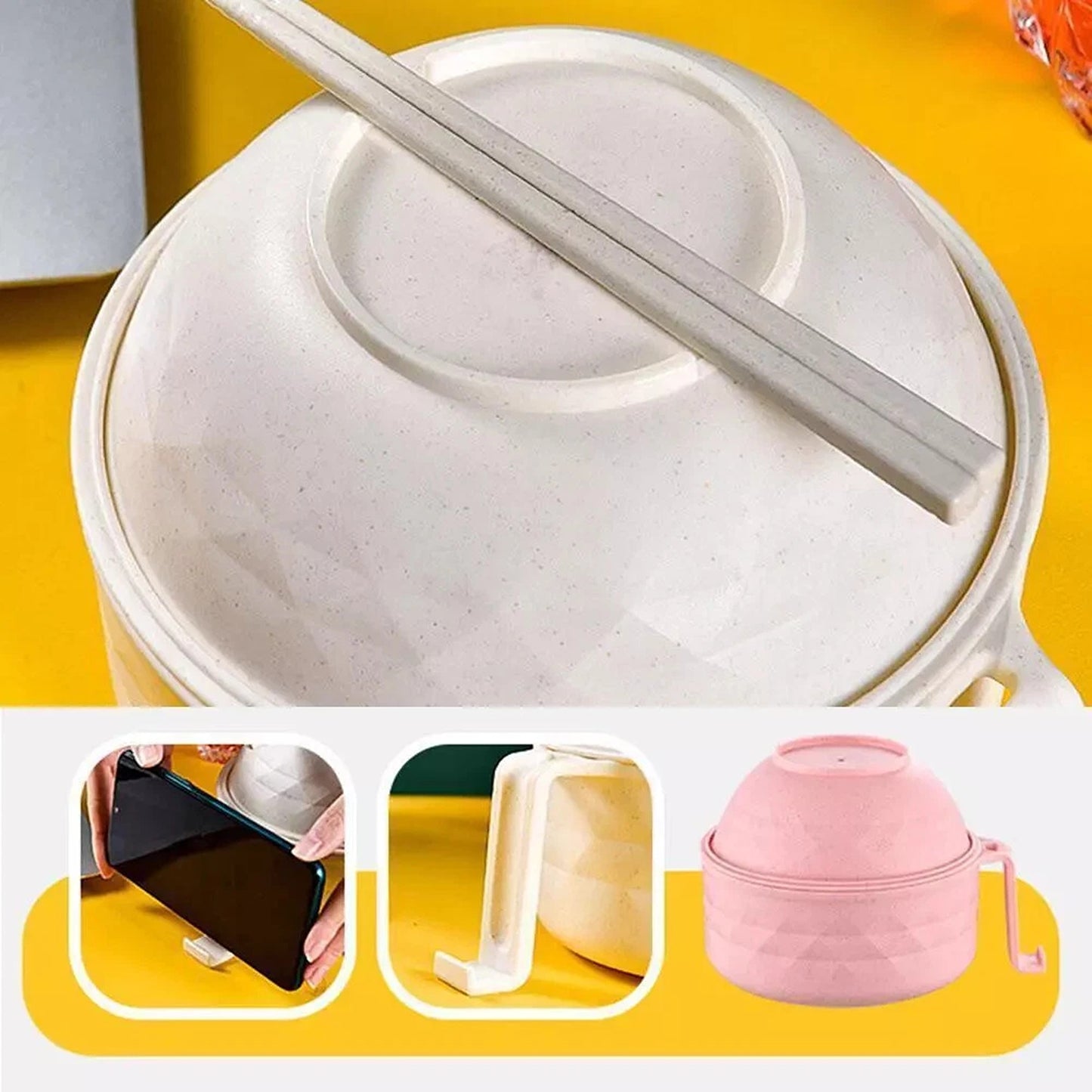 Beige Microwave Ramen Bowl Set with Chopsticks for Instant Noodles